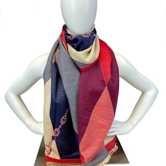 Red, Cream and Blue Fashion scarf - Picture 3 of 4